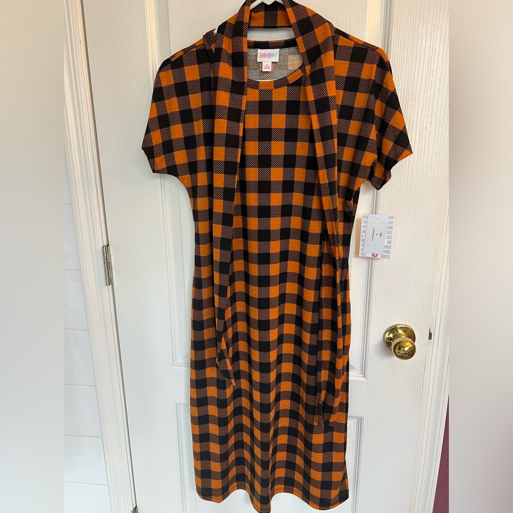 NEW LuLaRoe Marly orange & black buffalo plaid dress in size S